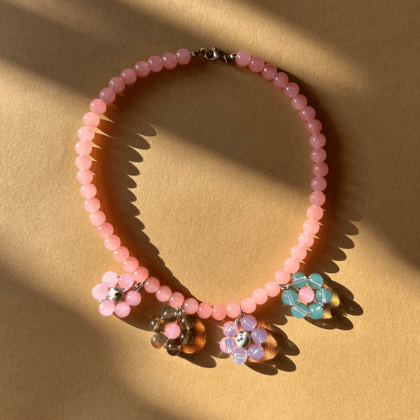 Naszyjnik szklany - pastele - kwiatki - róż, brąz, zieleń