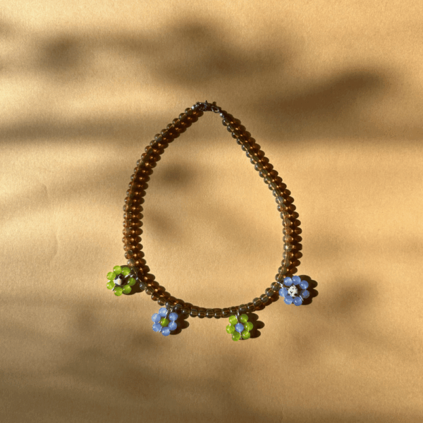Naszyjnik szklany - pastele - kwiatki - brąz, zieleń, błękit