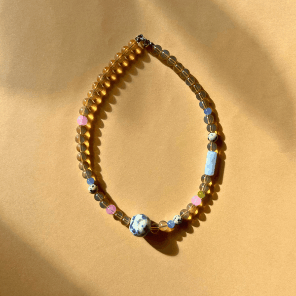 Naszyjnik szklany - brązowe transparentne, błękitna ceramika, jaspis