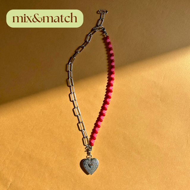 Łańcuch „Mix & Match” – pół łańcuch, pół naszyjnik z odpinaną zawieszką - serce, róż, czerwień