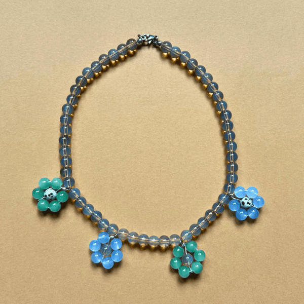 Naszyjnik szklany - pastele - kwiatki - beż, niebieski, zielony