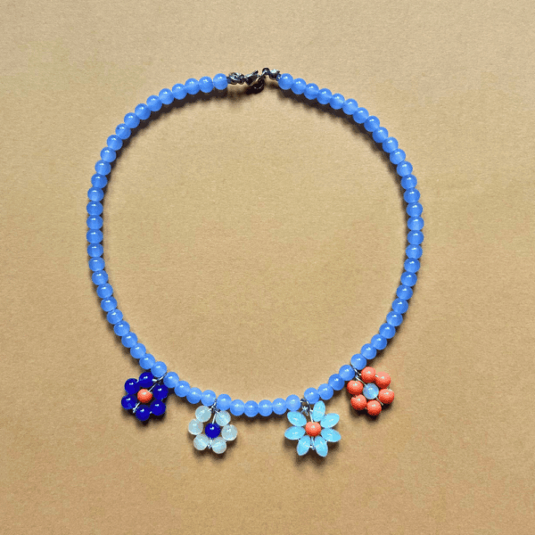Naszyjnik szklany - pastele - kwiatki - błękit, pomarańczowy, kobalt
