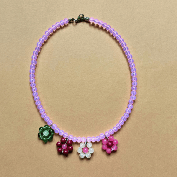 Naszyjnik szklany - pastele - kwiatki - róż, zieleń, bordo