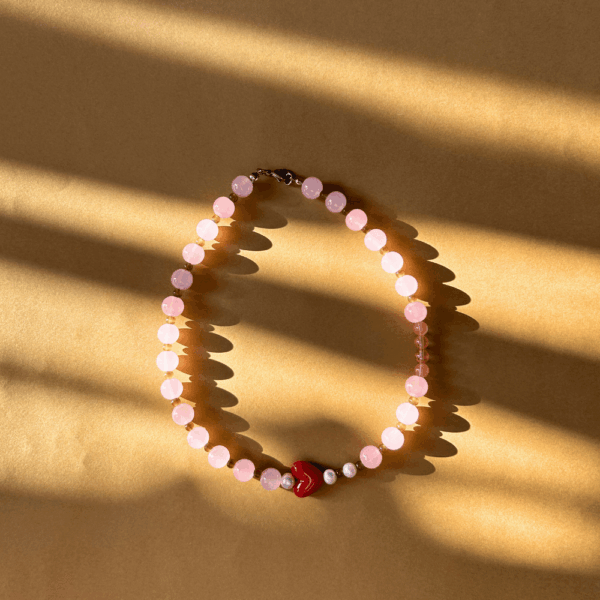 Naszyjnik szklany - brzoskwinia, serduszko, czekolada, kwarc arbuzowy i perły