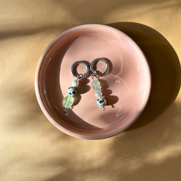 Kolczyki słupki - srebrne - prehnit, perła seashell, jaspis dalmatyński